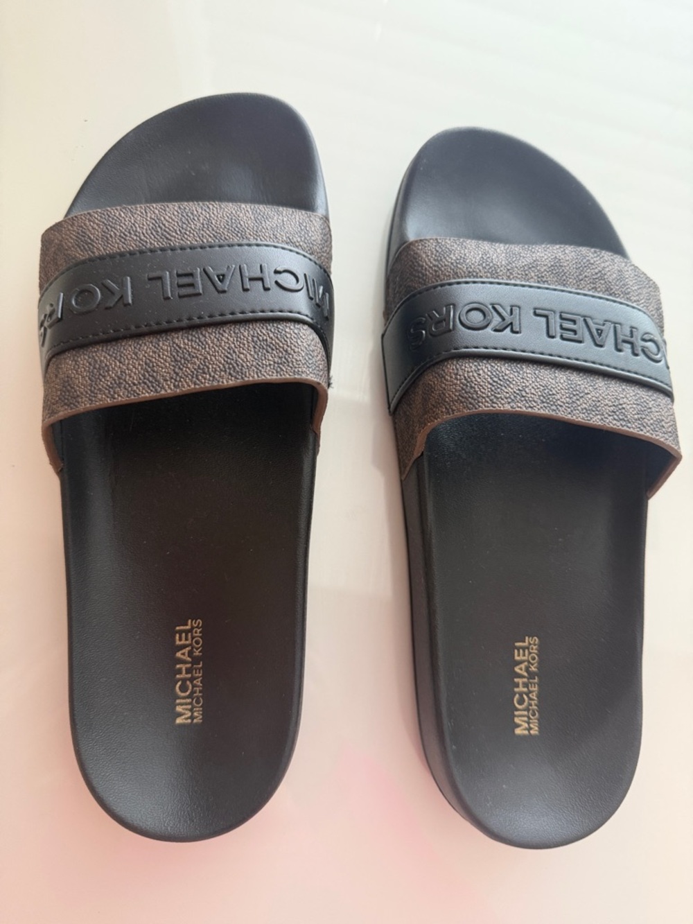 Michael Kors Black and Brown Logo Strap Slide Sandals NWOT